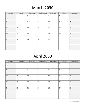 March and April 2050 Calendar Vertical