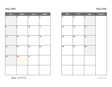 May 2050 Calendar on two pages