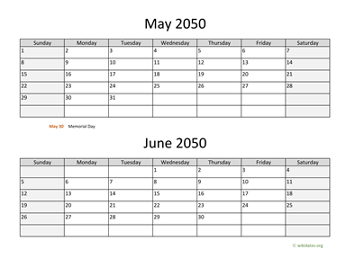 May and June 2050 Calendar Horizontal