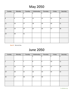 May and June 2050 Calendar Vertical