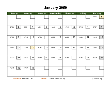 Monthly 2050 Calendar with Day Numbers