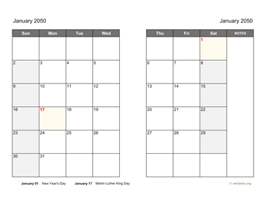 Monthly 2050 Calendar on two pages