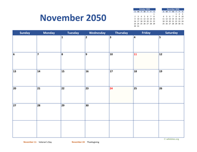 November 2050 Calendar Classic