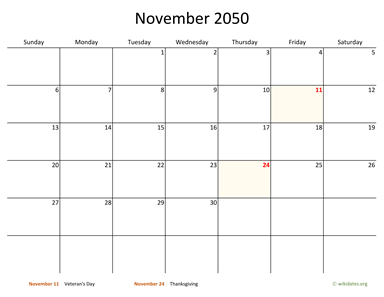 November 2050 Calendar with Bigger boxes