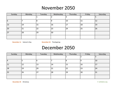 November and December 2050 Calendar Horizontal