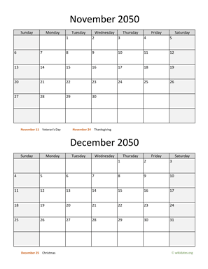 November and December 2050 Calendar Vertical