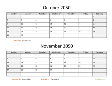 October and November 2050 Calendar Horizontal
