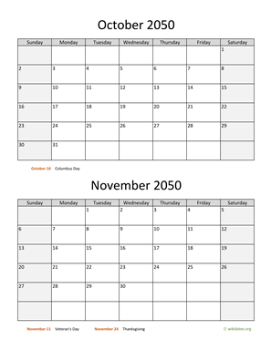 October and November 2050 Calendar Vertical