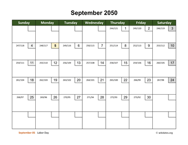 September 2050 Calendar with Day Numbers