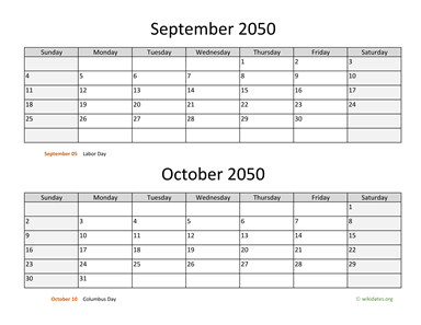 September and October 2050 Calendar Horizontal