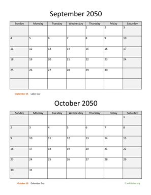 September and October 2050 Calendar Vertical