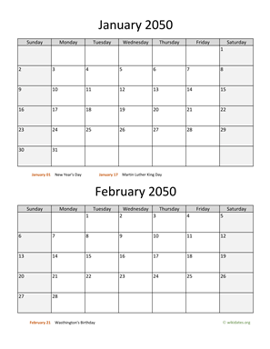 Two Months 2050 Calendar Vertical