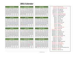 2051 Calendar with US Holidays