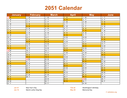 2051 Calendar on 2 Pages, Landscape Orientation