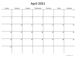 April 2051 Calendar with Bigger boxes