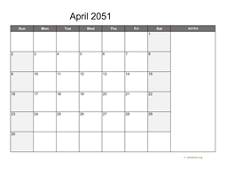 April 2051 Calendar with Notes