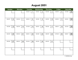 August 2051 Calendar with Day Numbers
