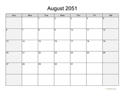 August 2051 Calendar with Weekend Shaded