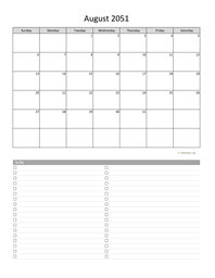 August 2051 Calendar with To-Do List