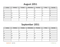 August and September 2051 Calendar