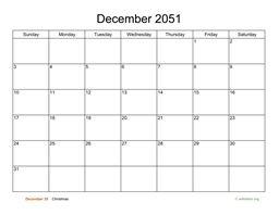 Basic Calendar for December 2051