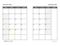 December 2051 Calendar on two pages