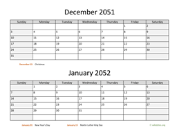 December 2051 and January 2052 Calendar