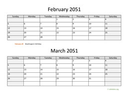 February and March 2051 Calendar