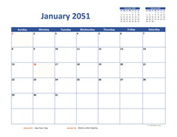 January 2051 Calendar Classic