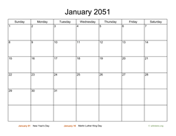 Basic Calendar for January 2051