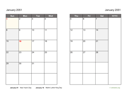January 2051 Calendar on two pages