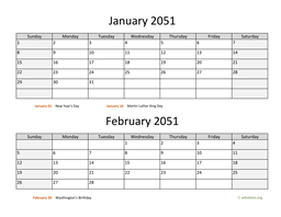 January and February 2051 Calendar