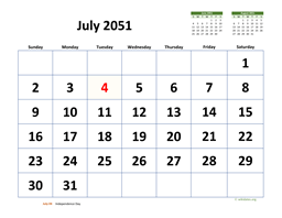 July 2051 Calendar with Extra-large Dates