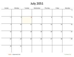 July 2051 Calendar with Bigger boxes