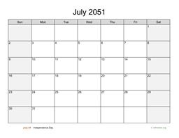 July 2051 Calendar with Weekend Shaded