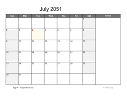 July 2051 Calendar with Notes