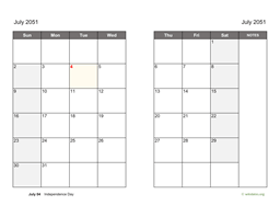 July 2051 Calendar on two pages