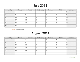 July and August 2051 Calendar