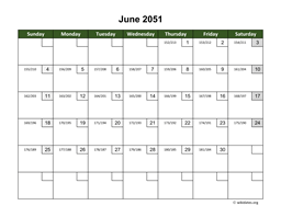 June 2051 Calendar with Day Numbers