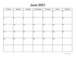 Basic Calendar for June 2051