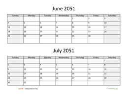 June and July 2051 Calendar