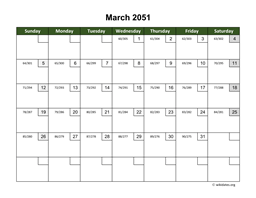 March 2051 Calendar with Day Numbers