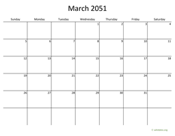 March 2051 Calendar with Bigger boxes