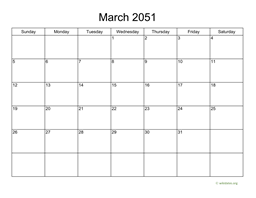Basic Calendar for March 2051