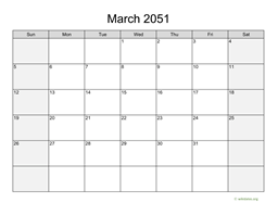 March 2051 Calendar with Weekend Shaded