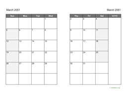 March 2051 Calendar on two pages