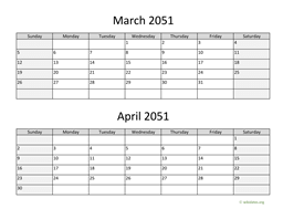 March and April 2051 Calendar