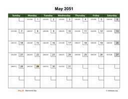 May 2051 Calendar with Day Numbers