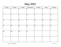 Basic Calendar for May 2051