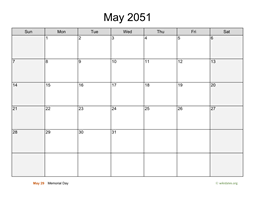 May 2051 Calendar with Weekend Shaded